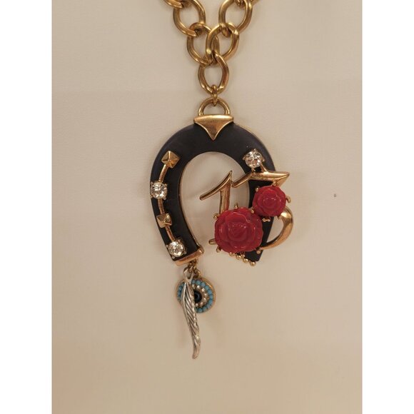 Vintage BJ Betsey Johnson Charm Necklace W/ Horseshoe & Rose Pendant 24" - Picture 10 of 11